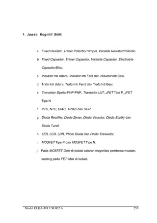 1. Jawab Kognitif Skill:
a. Fixed Resistor, Trimer Potentio/Trimpot, Variable Resistor/Potentio.
b. Fixed Capasitor, Trimer Capasitor, Variable Capasitor, Electrolyte
Capasitor/Elco.
c. Induktor Inti Udara, Induktor Inti Ferit dan Induktor Inti Besi.
d. Trafo Inti Udara, Trafo Inti Ferrit dan Trafo Inti Besi.
e. Transistor Bipolar PNP-PNP, Transistor UJT, JFET Tipe P_JFET
Tipe N
f. PTC, NTC, DIAC, TRIAC dan SCR.
g. Dioda Rectifier, Dioda Zener, Dioda Varactor, Dioda Scotky dan
Dioda Tunel.
h. LED, LCD, LDR, Photo Dioda dan Photo Transistor.
i. MOSFET Tipe P dan MOSFET Tipe N.
j. Pada MOSFET Gate di isolasi saluran mayoritas pembawa muatan,
sedang pada FET tidak di isolasi.
Modul ELKA-MR.UM.002.A 253
 