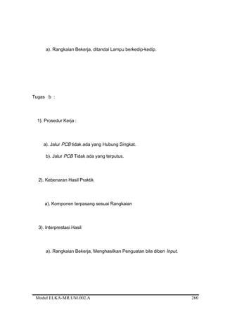 a). Rangkaian Bekerja, ditandai Lampu berkedip-kedip.
Tugas b :
1). Prosedur Kerja :
a). Jalur PCB tidak ada yang Hubung Singkat.
b). Jalur PCB Tidak ada yang terputus.
2). Kebenaran Hasil Praktik
a). Komponen terpasang sesuai Rangkaian
3). Interprestasi Hasil
a). Rangkaian Bekerja, Menghasilkan Penguatan bila diberi Input.
Modul ELKA-MR.UM.002.A 260
 