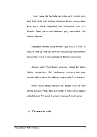 kecil, maka nilai hambatannya untuk yang memiliki daya
kecil tidak ditulis pada bodinya melainkan dengan menggunakan
kode warna. untuk mengetahui nilai tahanannya, pada bodi
Resistor diberi cincin-cincin berwarna yang menyatakan nilai
tahanan Resistor.
Sedangkan Resistor yang memiliki Daya Besar, 5 Watt, 10
Watt, 15 Watt, 25 Watt atau lebih nilai resistansinya tidak dituliskan
dengan kode warna melainkan langsung ditulis dengan angka.
Resistor tetap/ Fixed Resitor umumnya dibuat dari bahan
Karbon, pengkodean nilai resistansinya umumnya ada yang
memiliki 4 cincin warna dan ada juga yang memiliki 5 cincin warna.
Untuk Resitor dengan toleransi 5% dengan daya 0.5 Watt
sampai dengan 3 Watt, dituliskan dengan 4 cincin warna, sedang
untuk toleransi 1 % atau 2 % umumnya dengan 5 cincin warna.
a). Warna-warna Kode.
Modul ELKA-MR.UM.002.A 18
 