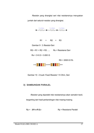Resistor yang dirangkai seri nilai resistansinya merupakan
jumlah dari seluruh resistor yang dirangkai.
R1 + R2 + R3
Gambar 9 : 3 Resistor Seri
RS = R1 + R2 + R3 …. Rs = Resistansi Seri
Rs = 3 K Ω = 3.000 Ω
RS = 2000 Ω 5%
Gambar 10 : 2 buah Fixed Resistor 1 K Ohm, Seri
3) SAMBUNGAN PARALEL
Resistor yang diparalel nilai resistansinya akan semakin kecil,
terganting dari hasil perbandingan nilai masing-masing.
Rp = (R1 x R 2) Rp = Resistansi Paralel
Modul ELKA-MR.UM.002.A 27
 