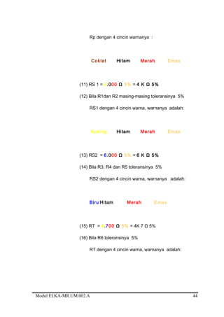 Rp dengan 4 cincin warnanya :
Coklat Hitam Merah Emas
(11) RS 1 = 4.000 Ω 5% = 4 K Ω 5%
(12) Bila R1dan R2 masing-masing toleransinya 5%
RS1 dengan 4 cincin warna, warnanya adalah:
Kuning Hitam Merah Emas
(13) RS2 = 6.000 Ω 5% = 6 K Ω 5%
(14) Bila R3, R4 dan R5 toleransinya 5%
RS2 dengan 4 cincin warna, warnanya adalah:
Biru Hitam Merah Emas
(15) RT = 4.700 Ω 5% = 4K 7 Ω 5%
(16) Bila R6 toleransinya 5%
RT dengan 4 cincin warna, warnanya adalah:
Modul ELKA-MR.UM.002.A 44
 