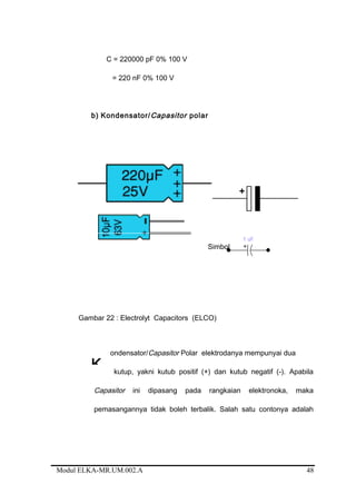C = 220000 pF 0% 100 V
= 220 nF 0% 100 V
b) Kondensator/Capasitor polar
Simbol
Gambar 22 : Electrolyt Capacitors (ELCO)
ondensator/Capasitor Polar elektrodanya mempunyai dua
kutup, yakni kutub positif (+) dan kutub negatif (-). Apabila
Capasitor ini dipasang pada rangkaian elektronoka, maka
pemasangannya tidak boleh terbalik. Salah satu contonya adalah
Modul ELKA-MR.UM.002.A
K
48
 