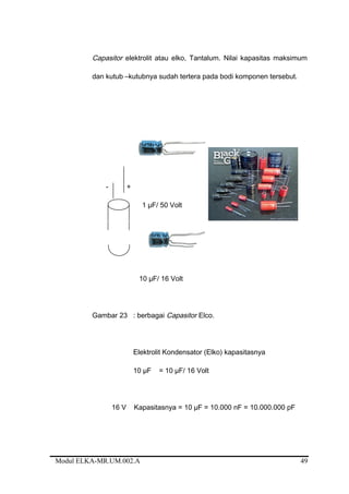 Capasitor elektrolit atau elko, Tantalum. Nilai kapasitas maksimum
dan kutub –kutubnya sudah tertera pada bodi komponen tersebut.
- +
1 µF/ 50 Volt
10 µF/ 16 Volt
Gambar 23 : berbagai Capasitor Elco.
Elektrolit Kondensator (Elko) kapasitasnya
10 µF = 10 µF/ 16 Volt
16 V Kapasitasnya = 10 µF = 10.000 nF = 10.000.000 pF
Modul ELKA-MR.UM.002.A 49
 