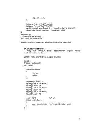 48
int jumlah_anak;
};
keluarga Andi = {“Andi”,”Nina”,3};
keluarga Budi = {“Budi”,”Ana”,5};
cout<<”Jumlah anak Bapak Andi “<<Andi.jumlah_anak<<endl;
cout<<”Istri Bapak Budi ialah “<<Budi.istri<<endl;
}
Keluarannya :
Jumlah anak Bapak Andi 3
Istri Bapak Budi ialah Ana
Perhatikan bahwa pada akhir dari struct diberi tanda semicolon.
8.1.1 Array dari Struktur
Array dari struktur dapat dideklarasikan seperti halnya
pendeklarasian array biasa.
Bentuk : nama_array[index]. anggota_struktur;
Contoh :
#include <iostream.h>
void main()
{
struct mahasiswa
{
long nim;
int nilai;
};
mahasiswa teknik[3];
teknik[0].nim = 19500376;
teknik[0].nilai = 78;
teknik[1].nim = 19500378;
teknik[1].nilai = 71;
teknik[2].nim = 19500276;
teknik[2].nilai = 76;
cout<<”NIM NILAI n”;
for(int n=0;n<3;n++)
{
cout<<teknik[n].nim<<”tt”<<teknik[n].nilai<<endl;
}
}
 