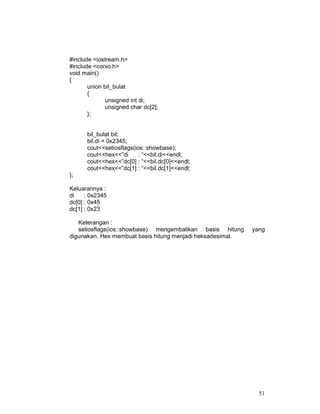 51
#include <iostream.h>
#include <conio.h>
void main()
{
union bil_bulat
{
unsigned int di;
unsigned char dc[2];
};
bil_bulat bil;
bil.di = 0x2345;
cout<<setiosflags(ios::showbase);
cout<<hex<<”di : “<<bil.di<<endl;
cout<<hex<<”dc[0] : “<<bil.dc[0]<<endl;
cout<<hex<<”dc[1] : “<<bil.dc[1]<<endl;
};
Keluarannya :
di : 0x2345
dc[0] : 0x45
dc[1] : 0x23
Keterangan :
setiosflags(ios::showbase) mengembalikan basis hitung yang
digunakan. Hex membuat basis hitung menjadi heksadesimal.
 