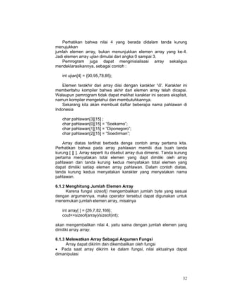 Perhatikan bahwa nilai 4 yang berada didalam tanda kurung
menujukkan
jumlah elemen array, bukan menunjukkan elemen array yang ke-4.
Jadi elemen array ujian dimulai dari angka 0 sampai 3.
Pemrogram juga dapat menginisialisasi array sekaligus
mendeklarasikannya, sebagai contoh :
int ujian[4] = {90,95,78,85};
Elemen terakhir dari array diisi dengan karakter ‘0’. Karakter ini
memberitahu kompiler bahwa akhir dari elemen array telah dicapai.
Walaupun pemrogram tidak dapat melihat karakter ini secara eksplisit,
namun kompiler mengetahui dan membutuhkannya.
Sekarang kita akan membuat daftar beberapa nama pahlawan di
Indonesia
char pahlawan[3][15] ;
char pahlawan[0][15] = “Soekarno”;
char pahlawan[1][15] = “Diponegoro”;
char pahlawan[2][15] = “Soedirman”;
Array diatas terlihat berbeda denga contoh array pertama kita.
Perhatikan bahwa pada array pahlawan memilii dua buah tanda
kurung [ ][ ]. Array seperti itu disebut array dua dimensi. Tanda kurung
pertama menyatakan total elemen yang dapt dimiliki oleh array
pahlawan dan tanda kurung kedua menyatakan total elemen yang
dapat dimiliki setiap elemen array pahlawan. Dalam contoh diatas,
tanda kurung kedua menyatakan karakter yang menyatakan nama
pahlawan.
6.1.2 Menghitung Jumlah Elemen Array
Karena fungsi sizeof() mengembalikan jumlah byte yang sesuai
dengan argumennya, maka operator tersebut dapat digunakan untuk
menemukan jumlah elemen array, misalnya
int array[ ] = {26,7,82,166};
cout<<sizeof(array)/sizeof(int);
akan mengembalikan nilai 4, yaitu sama dengan jumlah elemen yang
dimiliki array array.
6.1.3 Melewatkan Array Sebagai Argumen Fungsi
Array dapat dikirim dan dikembalikan oleh fungsi
• Pada saat array dikirim ke dalam fungsi, nilai aktualnya dapat
dimanipulasi

32

 