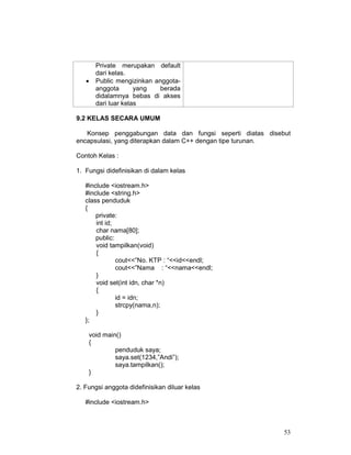 •

Private merupakan default
dari kelas.
Public mengizinkan anggotaanggota
yang
berada
didalamnya bebas di akses
dari luar kelas

9.2 KELAS SECARA UMUM
Konsep penggabungan data dan fungsi seperti diatas disebut
encapsulasi, yang diterapkan dalam C++ dengan tipe turunan.
Contoh Kelas :
1. Fungsi didefinisikan di dalam kelas
#include <iostream.h>
#include <string.h>
class penduduk
{
private:
int id;
char nama[80];
public:
void tampilkan(void)
{
cout<<”No. KTP : “<<id<<endl;
cout<<”Nama : “<<nama<<endl;
}
void set(int idn, char *n)
{
id = idn;
strcpy(nama,n);
}
};
void main()
{
penduduk saya;
saya.set(1234,”Andi”);
saya.tampilkan();
}
2. Fungsi anggota didefinisikan diluar kelas
#include <iostream.h>

53

 