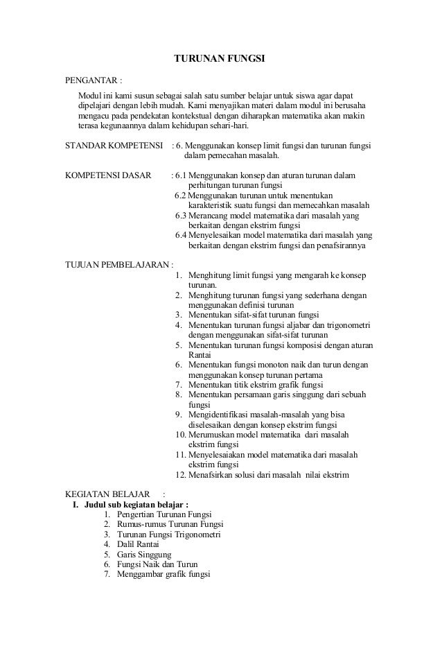 Modul Matematika Kelas Xi Turunan Fungsi