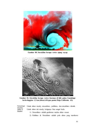 91
Gambar 80. Streakline berupa vortex ujung sayap
Gambar 81. Streakline berupa vortex Karman di hilir pulau Guadalupe
berketinggian 1,3 km (lokasi di lepas pantai Baja California AS)
Perbandingan
streamline,
pathline &
streakline
Untuk aliran steady, streamlines, pathlines, dan streaklines identik.
Untuk aliran tak steady, ketiganya bisa sangat beda.
1) Streamlines adalah gambaran medan aliran sesaat.
2) Pathlines & Streaklines adalah pola aliran yang membawa
 