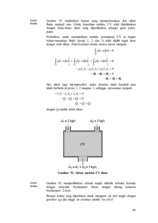 99
Contoh
Analisis
Gambar 91 melukiskan bejana yang mempertemukan dua aliran
fluida menjadi satu. Untuk keperluan analisis, CV telah didefinisikan
dengan batas-batas diam yang diperlihatkan sebagai garis putus-
putus.
Perhatikan, untuk memudahkan analisis, permukaan CV di bagian
keluar-masuknya fluida (posisi 1, 2 dan 3) telah dipilih tegak lurus
dengan arah aliran. Pada keadaan steady neraca massa menjadi:
 
     
213
321
333222111
321
0
0
0
0
mmm
mmm
AvAvAv
dAnvdAnvdAnv
dAnv
CSCSCS
CS












Jika aliran juga inkompresibel, maka densitas tidak berubah atau
tidak berbeda di posisi 1, 2 maupun 3, sehingga persamaan menjadi:
213
321
332211
0
0
QQQ
QQQ
AvAvAv



dengan Q adalah debit aliran.
Gambar 91. Aliran melalui CV diam
Contoh
Analisis
Gambar 92 memperlihatkan sebuah tangki silindrik terbuka (kontak
dengan atmosfir) berdiameter 60cm dengan lubang keluaran
berdiameter 2,5cm.
Berapa waktu yang diperlukan untuk menguras air dari tangki dengan
gravitasi (g) jika tinggi air awalnya adalah 1m (Ho)?
 