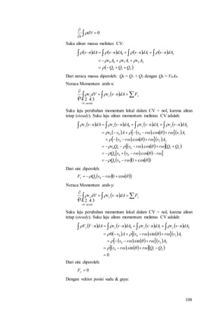 108
0


 d
t

Suku aliran massa melintas CV:
       
 210
221100
210
QQQ
AvAvAv
dAnvdAnvdAnvdAnv


 



Dari neraca massa diperoleh: Q0 = Q1 + Q2 dengan Q0 = V0A0.
Neraca Momentum arah-x:
   



xx
steady
x FdAnvvdVv
t

  
,0
Suku laju perubahan momentum lokal dalam CV = nol, karena aliran
tetap (steady). Suku laju aliran momentum melintas CV adalah:
       
       
     
     
    
    





cos1
cos.
cos.
cos.
cos.
00
000
21000
220
11000
210





 
rvQ
rrvvQ
QQrrvQv
Avrrv
AvrrvAvv
dAnvvdAnvvdAnvvdAnvv xxxx
Dari sini diperoleh:
     cos100  rvQFx
Neraca Momentum arah-y:
   



yy
steady
y FdAnvvdVv
t

  
,0
Suku laju perubahan momentum lokal dalam CV = nol, karena aliran
tetap (steady). Suku laju aliran momentum melintas CV adalah:
       
       
     
     
0
sin.
sin.
sin.0
210
220
1100
210




 
QQrrv
Avrrv
AvrrvAv
dAnvvdAnvvdAnvvdAnVV yyyy




Dari sini diperoleh:
0yF
Dengan vektor posisi sudu & gaya:
 