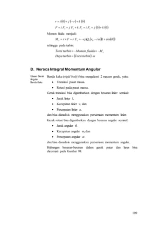 109
     00 krjir 
   00 kjFiFkFjFiF xzyx 
Momen fluida menjadi:
     cos100  rvQrFrFrM xz
sehingga pada turbin:
  

turbinTorsiturbinDaya
MfluidaMomenturbinTorsi z
D. Neraca IntegralMomentum Angular
Ulasan Gerak
Angular
Benda Kaku
Benda kaku (rigid body) bisa mengalami 2 macam gerak, yaitu:
 Translasi pusat massa.
 Rotasi pada pusat massa.
Gerak translasi bisa digambarkan dengan besaran linier semisal:
 Jarak linier l,
 Kecepatan linier v, dan
 Percepatan linier a.
dan bisa dianalisis menggunakan persamaan momentum linier.
Gerak rotasi bisa digambarkan dengan besaran angular semisal:
 Jarak angular ,
 Kecepatan angular , dan
 Percepatan angular .
dan bisa dianalisis menggunakan persamaan momentum angular.
Hubungan besaran-besaran dalam gerak putar dan lurus bisa
dicermati pada Gambar 98.
 