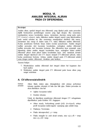 122
MODUL VI.
ANALISIS INTEGRAL ALIRAN
PADA CV DIFERENSIAL
Deskripsi
Analisis aliran, apakah integral atau diferensial, yang dipakai pada suatu persoalan
dipilih berdasarkan pertimbangan sasaran yang ingin dicapai. Jika sasarannya
mendapatkan neraca keseluruhan massa, momentum, dan/atau energi pada suatu
CV (control volume), maka dilakukan analisis integral seperti yang diperkenalkan
pada modul sebelum ini. Jika sasarannya mendapatkan distribusi sifat massa,
momentum dan energi di dalam suatu CV, maka dilakukan analisis diferensial.
Kedua pendekatan berbeda hanya dalam resolusi penyelesaian. Analisis integral
melihat persoalan dari kacamata keseluruhan, sedangkan analisis diferensial
melihat persoalan dari kacamata kerincian. Jika diibaratkan layar penampil, yang
dipandang dalam analisis integral keseluruhan layar, sedangkan dalam analisis
diferensial piksel demi piksel dalam keseluruhan layar. Jadi, manakala domain
analisis integral diperkecil dari CV (layar) menjadi CV-diferensial (piksel), maka
kedua pendekatan bertemu. Artinya, analisis integral pada CV-diferensial adalah
sama dengan analisis diferensial, demikian pula hasilnya.
Sasaran belajar:
7. Membedakan analisis diferensial dari integral dalam hal kegunaan dan
hasil analisis
8. Melakukan analisis integral pada CV diferensial pada kasus aliran yang
sangat sederhana
A. CV diferensialsilindrik
Deskripsi
persoalan
Aliran fluida dalam pipa dimungkinkan oleh adanya perbedaan
tekanan (gradien tekanan) di hulu dan hilir pipa. Dalam persoalan ini
akan ditentukan dua hal:
 Agihan kecepatan radial.
 Gradien tekanan.
Untuk ini diperlukan pendekatan diferensial dengan CV sebagaimana
diperlihatkan pada Gambar 105. Anggapan:
 Aliran steady, berkembang penuh (fully developed), artinya
profil kecepatan radial-angular sepanjang pipa adalah tetap.
 Fluidanya Newtonian.
 Fluida inkompresibel,  = tetap.
 Fluida mengalir ke arah aksial semata, atau v(x,r,) = tetap
dan vr(x,r,) = tetap.
 