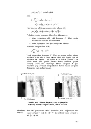 157
   yfabxxap  2
2
12

atau:
   
     Cyaybcgyf
yabcg
y
yf
y
y





2
2
12
2
0


Hasil akhirnya adalah persamaan medan tekanan sbb:
     Cyxaabxybcgp y  222
2
1

Perhatikan, medan kecepatan dalam aliran inkompresibel
 tidak terpengaruh oleh nilai konstanta C dalam medan
tekanan atau oleh nilai tekanan mutlak,
 tetapi dipengaruhi oleh beda atau gradien tekanan.
Ini tampak dari persaman N-S:
vpg
Dt
Dv 2
 
Untuk menentukan konstanta C dalam persamaan medan tekanan
diperlukan acuan nilai p dalam medan aliran, atau dengan kata lain
diperlukan BC tekanan. Lihat contoh CFD berikut (Gambar 121).
Kedua kasus pada gambar tersebut identik (termasuk gradien
tekanan) kecuali nilai tekanannya. Medan kecepatan & pola
streamline yang diperoleh memperlihatkan bahwa medan kecepatan
dipengaruhi oleh gradien tekanan.
Gambar 121. Gradien (beda) tekanan berpengaruh
terhadap medan kecepatan aliran, bukan tekanan
Penyelesaian
Eksak N-S
Ada ±80 penyelesaian eksak persamaan N-S. Penyelesaian linier
(suku konvektif = nol,   0 vv ) & nonlinear (suku konvektif 
nol,   0 vv ).
 
