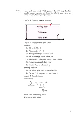 160
Couette penuh (fully developed). Untuk geometri dan BC yang diberikan,
hitunglah medan kecepatan & aliran, dan taksirlah gaya geser per
satuan luas yang bekerja pada plat bawah.
Langkah 1: Geometri, dimensi, dan sifat
Langkah 2: Anggapan dan Syarat Batas
Anggapan
1) 2D, vz=0, /z = 0
2) Aliran steady, /t = 0
3) Aliran paralel hanya ke arah-x, vy=0
4) Plat tak berhingga dalam arah x & z
5) Inkompresibel, Newtonian, laminer, sifat konstan
6) Gradien tekanan arah aliran = nol
7) Gravitasi bekerja dalam arah-y,
Boundary conditions
1) Plat bawah (y=0) diam: vx=0, vy=0, vz=0
2) Plat atas (y=h) bergerak: vx=v, vy=0, vz=0
Langkah 3: Penyederhanaan
Neraca massa

 

0
0
2,0,0
,0












x
v
v
Dt
D
x
z
v
y
v
x
v
belinkompresi
D
z
paralel
yx


Berarti aliran berkembang penuh
Neraca momentum arah-x:
 