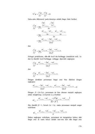 176
02
2
2
2
2







yx


Suku-suku diferensial pada dasarnya adalah fungsi limit berikut:
 2
,,,
0
,,,,
0
,,
02
2
2
lim
lim
lim
x
x
xx
x
xx
x
yxxyxyxx
x
yxxyxyxyxx
x
yxyxx
x





























dan
 2
,,,
02
2 2
lim
yy
yyxyxyyx
x 



 


Sebagai pendekatan, alih-alih kecil tak-berhingga (mendekati nol), x
dan y diambil kecil berhingga sehingga diperoleh ungkapan:
 2
,,,
2
2 2
xx
yxxyxyxx




 

dan
 2
,,,
2
2 2
yy
yyxyxyyx




 

Dengan demikian persamaan fungsi arus bisa didekati dengan
ungkapan:
   
0
22
2
,,,
2
,,,





 
yx
yyxyxyyxyxxyxyxx

Dengan  = (x/y), persamaan ini bisa disusun menjadi ungkapan
untuk menghitung  di posisi (x,y) berikut:
 
 2
,,
2
,,
,
12 





 yyxyyxyxxyxx
yx
Jika diambil  = 1, berarti x = y, maka persamaan menjadi sangat
sederhana:
4
,,,,
,
yyxyyxyxxyxx
yx





Dalam ungkapan sederhana, persamaan ini mengatakan bahwa nilai
fungsi arus di suatu lokasi adalah rata-rata dari nilai fungsi arus
 