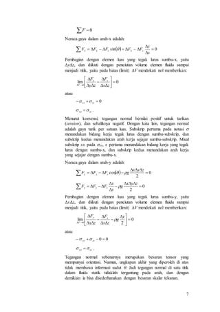 7
Neraca gaya dalam arah-x adalah:
Pembagian dengan elemen luas yang tegak lurus sumbu-x, yaitu
yz, dan diikuti dengan penciutan volume elemen fluida sampai
menjadi titik, yaitu pada batas (limit) V mendekati nol memberikan:
atau:
.
Menurut konvensi, tegangan normal bernilai positif untuk tarikan
(tension), dan sebaliknya negatif. Dengan kata lain, tegangan normal
adalah gaya tarik per satuan luas. Subskrip pertama pada notasi 
menandakan bidang kerja tegak lurus dengan sumbu-subskrip, dan
subskrip kedua menandakan arah kerja sejajar sumbu-subskrip. Misal
subskrip xx pada xx, x pertama menandakan bidang kerja yang tegak
lurus dengan sumbu-x, dan subskrip kedua menandakan arah kerja
yang sejajar dengan sumbu-x.
Neraca gaya dalam arah-y adalah:
Pembagian dengan elemen luas yang tegak lurus sumbu-y, yaitu
xz, dan diikuti dengan penciutan volume elemen fluida sampai
menjadi titik, yaitu pada batas (limit) V mendekati nol memberikan:
atau:
.
Tegangan normal sebenarnya merupakan besaran tensor yang
mempunyai orientasi. Namun, ungkapan akhir yang diperoleh di atas
tidak membawa informasi sudut . Jadi tegangan normal di satu titik
dalam fluida statik tidaklah tergantung pada arah, dan dengan
demikian ia bisa disederhanakan dengan besaran skalar tekanan.
  0F
  


 0sin
s
y
FFFFF sxsxx 
0lim
0











 zs
F
zy
F sx
V
0 ssxx 
ssxx  
  

 0
2
cos
zyx
gFFF syy 
 




 0
2
zyx
g
s
x
FFF syy 
0
2
lim
0





 







y
g
zs
F
zx
F sy
V

00  ssyy 
ssyy  
 