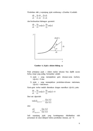 9
Perubahan nilai p sepanjang jejak sembarang s (Gambar 6) adalah:
dan berdasarkan hubungan geometri:
Gambar 6. Jejak s dalam bidang xy
Pada prinsipnya jejak s dalam medan tekanan bisa dipilih secara
bebas, tetapi yang paling bermanfaat adalah:
1) jejak s yang menunjukkan garis tekanan-sama (isobar),
(dp/ds) = 0 dan
2) jejak s yang menunjukkan perubahan-tekanan maksimum,
(dp/ds) = maksimum.
Garis-garis isobar mudah ditentukan dengan menolkan (dp/ds), yaitu:
Dari sini diperoleh
atau
Jadi sepanjang jejak yang kemiringannya didefinisikan oleh
persamaan ini akan didapati bahwa perubahan tekanan, dp = 0.
ds
dy
y
p
ds
dx
x
p
ds
dp






    sincos
y
p
x
p
ds
dp






x
y
dx
ds
dy
Jejak s

    0sincos 





 
y
p
x
p
ds
dp
  
 
 yp
xp
dsdp


0
tan 
 
 
 yp
xp
dx
dy
dsdp 


0
 