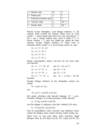 199
3 Diameter pipa D L
4 Panjang pipa L L
5 Kekasaran permukaan pipa  L
6 Viskositas fluida  ML–1t–1
7 Densitas fluida  ML–3
Menurut teorema Buckingham, cacah bilangan nirdimensi, , ada
sebanyak selisih #variabel dan #dimensi. Dalam kasus ini, cacah
variabel = 7 seperti tampak pada tabel di atas; dan cacah dimensi = 3
(M, L dan t). Dengan demikian maka cacah  adalah (7–3) = 4.
Karena #dimensi = 3, maka bisa diambil tiga variabel inti untuk
menyusun keempat bilangan nirdimensi . Dalam kasus ini
katakanlah diambil variabel: , V, dan D sebagai variabel ini, maka:
1 = a . Vb . Dc . P
2 = d . Ve . Df . L
3 = g . Vh . Di . 
4 = j . Vk . Dl . 
Dengan menyeragamkan dimensi suku-suku kiri dan kanan maka
akan diperoleh:
1 = 1 . V2 . D0 . P atau 1 = P / (.V2)
2 = 0 . V0 . D1 . L atau 2 = L / D
3 = 0 . V0 . D1 .  atau 3 =  / D
4 = 1 . V1 . D1 .  atau 4 = .V.D/ = Re (bil.
Reynolds)
Keempat bilangan nirdimensi ini bisa dikumpulkan menjadi satu
sebagai:
1 = 1(2, 3, 4)
atau
P / (.V2) = 1((L/D), (/D), Re)
Dari analisis sebelumnya telah diperoleh hubungan: P = .g.hL.
Penyulihan hubungan ini ke dalam persamaan terakhir diperoleh:
hL = (V2/g). 1((L/D), (/D), Re)
atau bila dianggap hL tergantung secara linier terhadap (L/D) maka:
hL = (V2/g).(L/D). 2((/D), Re).
Hasil ini memperlihatkan bahwa persoalan yang melibatkan banyak
variabel bisa diringkas hanya menjadi beberapa variabel penting saja.
Dalam kasus ini yang perlu diukur dalam eksperimen tinggal
hubungan antara hL dan fungsi 2((/D), Re). Fungsi 2((/D), Re)
 