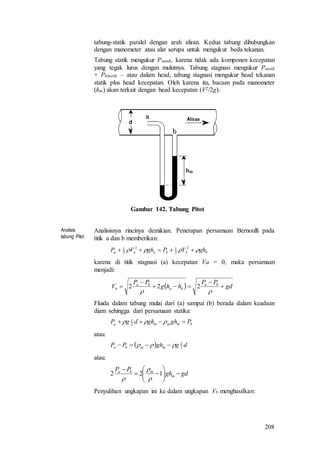 208
tabung-statik paralel dengan arah aliran. Kedua tabung dihubungkan
dengan manometer atau alat serupa untuk mengukur beda tekanan.
Tabung statik mengukur Pstatik, karena tidak ada komponen kecepatan
yang tegak lurus dengan mulutnya. Tabung stagnasi mengukur Pstatik
+ Pkinetik – atau dalam head, tabung stagnasi mengukur head tekanan
statik plus head kecepatan. Oleh karena itu, bacaan pada manometer
(hm) akan terkait dengan head kecepatan (V2/2g).
Gambar 142. Tabung Pitot
Analisis
tabung Pitot
Analisisnya rincinya demikian. Penerapan persamaan Bernoulli pada
titik a dan b memberikan:
bbbaaa ghVPghVP   2
2
12
2
1
karena di titik stagnasi (a) kecepatan Va = 0, maka persamaan
menjadi:
  gd
PP
hhg
PP
V ba
ba
ba
b 





222
Fluida dalam tabung mulai dari (a) sampai (b) berada dalam keadaan
diam sehingga dari persamaan statika:
bmmma PghghdgP   2
1
atau:
  dgghPP mmba 2
1
 
atau:
gdgh
PP
m
mba








122



Penyulihan ungkapan ini ke dalam ungkapan Vb menghasilkan:
 