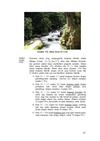 227
Gambar 152. Aliran deras (Fr>1,0)
Klasifikasi
lompatan
hidrolik
Parameter utama yang mempengaruhi lompatan hidrolik adalah
bilangan Froude,   21
11 gyvFr  , aliran hulu. Bilangan Reynolds
dan geometri saluran hanya memberikan pengaruh sekunder. Dalam
aliran tenang (Gambar 151), dicirikan oleh Fr < 1, tidak mungkin
terjadi lompatan hidrolik. Dalam aliran deras (Gambar 152) bisa
terjadi lompatan hidrolik dengan ciri-ciri yang berbeda sesuai nilai
Fr. Berikut adalah salah satu cara klasifikasi lompatan hidrolik:
1) Pada Fr = 1,0 sampai 1,7 terjadi lompatan berayun dengan
gelombang-diam sepanjang kira-kira 4y2; disipasi energinya
rendah (< 5%).
2) Pada Fr = 1,7 sampai 2,5 terjadi lompatan lemah dengan
permukaan naik secara halus dengan gulungan kecil
gelombang; disipasi energinya 5 sampai 10%.
3) Pada Fr = 2,5 sampai 4,5 terjadi lompatan berosilasi tak
stabil; tiap lendutan tak teratur menghasilkan gelombang
besar yang bisa menjalar ke hilir bermil-mil jauhnya, merusak
tanah pinggir saluran dan struktur lainnya. Disipasi energinya
15 sampai 45%, dan kondisi ini tidak dianjurkan untuk desain.
4) Pada Fr = 4,5 sampai 9,0 terjadi lompatan steady, seimbang
baik dan stabil; dipandang sebagai keadaan terbaik untuk
desain dengan disipasi energi 45 sampai 70%.
5) Pada Fr > 9,0 terjadi lompatan kuat yang agak terputus-putus,
tetapi kinerjanya baik dengan disipasi energi 70 sampai 85%.
 