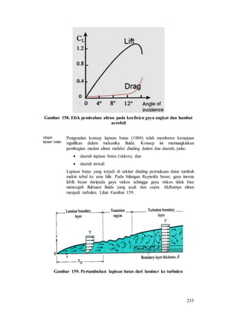 235
Gambar 158. Efek pemisahan aliran pada koefisien gaya angkat dan hambat
aerofoil
Ulasan
lapisan batas
Pengenalan konsep lapisan batas (1904) telah membawa kemajuan
signifikan dalam mekanika fluida. Konsep ini memungkinkan
pembagian medan aliran melalui dinding dalam dua daerah, yaitu:
 daerah lapisan batas (viskos), dan
 daerah invisid.
Lapisan batas yang terjadi di sekitar dinding permukaan datar tumbuh
makin tebal ke arus hilir. Pada bilangan Reynolds besar, gaya inersia
lebih besar daripada gaya viskos sehingga gaya viskos tidak bisa
mencegah fluktuasi fluida yang acak dan cepat. Akibatnya aliran
menjadi turbulen. Lihat Gambar 159.
Gambar 159. Pertumbuhan lapisan batas dari laminer ke turbulen
 