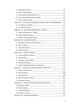iv
A. Pendekatan Analisis __________________________________________95
B. Neraca Integral Massa _________________________________________97
C. Neraca Integral Momentum Linier ______________________________101
D. Neraca Integral Momentum Angular ____________________________109
E. Neraca Integral Energi________________________________________118
MODUL VI. ANALISIS INTEGRAL ALIRAN PADA CV DIFERENSIAL 122
A. CV diferensial silindrik _______________________________________122
B. CV diferensial kubik _________________________________________127
MODUL VII. ANALISIS DIFERENSIAL ALIRAN ____________________131
A. Analisis Diferensial vs. Integral ________________________________131
B. Neraca Diferensial Massa _____________________________________133
C. Neraca Diferensial Momentum _________________________________146
MODUL VIII. ALIRAN INVISID __________________________________167
A. Persamaan Aliran Invisid (Potensial) ____________________________168
B. Solusi Analitik ______________________________________________169
C. Aliran Invisid 2-D ___________________________________________173
D. Solusi Numerik _____________________________________________175
MODUL IX. ALIRAN VISKOS ____________________________________181
A. Aliran Laminer & Turbulen ___________________________________181
B. Lapisan Batas_______________________________________________182
C. Persamaan Lapisan Batas _____________________________________184
D. Penyelesaian Blasius _________________________________________190
E. Analisis Integral Momentum von Kärmän ________________________192
MODUL X. ALIRAN DALAM SALURAN TERTUTUP ________________198
A. Analisis Dimensional ________________________________________198
B. Faktor Gesekan _____________________________________________200
C. Kerugian Head______________________________________________200
D. Macam Persoalan Aliran______________________________________202
E. Pengukuran Aliran___________________________________________202
MODUL XI. ALIRAN DALAM SALURAN TERBUKA ________________214
A. Klasifikasi Aliran ___________________________________________215
B. Aliran Seragam _____________________________________________218
C. Lompatan Hidrolik __________________________________________224
D. Pengukuran Aliran___________________________________________228
MODUL XII. ALIRAN EKSTERNAL _______________________________231
 