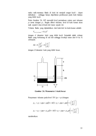 33
maka naik-turunnya fluida di kaki ini menjadi sangat kecil – dapat
diabaikan – sehingga hanya diperlukan pembacaan pada kaki lainnya
yang lebih kecil.
Pada Gambar 24, OP mewakili level permukaan cairan saat tekanan
p1 sama dengan p2. Begitu diberi tekanan, level di kaki kanan akan
naik sejauh h dan di kaki kiri turun sejauh h.
Volume fluida yang dipindahkan dari kaki-kiri ke kaki-kanan adalah:
dengan d diameter kaki yang lebih kecil. Sejumlah inilah volume
fluida yang berkurang di sisi kiri sehingga levelnya turun dari O ke X
sebanyak:
dengan D diameter kaki yang lebih besar.
Gambar 24. Manometer 1-kaki besar
Penyamaan tekanan pada level XY (pX = pY) dengan:
memberikan:
2
4 dhV kanankekiri


2
2
4
2
4







D
d
h
D
d
hh 

P
X Y
O
a
h
h
1 2
D d
  














2
11 1
D
d
ghgaphhggappX 
  














2
12 1
D
d
ghgaphhggapp mmY 
 