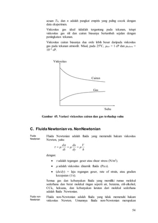 54
acuan T0, dan n adalah pangkat empiris yang paling cocok dengan
data eksperimen.
Viskositas gas ideal tidaklah tergantung pada tekanan, tetapi
viskositas gas riil dan cairan biasanya bertambah sejalan dengan
peningkatan tekanan.
Viskositas cairan biasanya dua orde lebih besar daripada viskositas
gas pada tekanan atmosfir. Misal, pada 250C, air = 1 cP dan udara =
10–2 cP.
Gambar 45. Variasi viskositas cairan dan gas terhadap suhu
C. Fluida Newtonian vs. NonNewtonian
Fluida
Newtonian
Fluida Newtonian adalah fluida yang memenuhi hukum viskositas
Newton, yaitu:
dengan:
  adalah tegangan geser atau shear stress (N/m2).
  adalah viskositas dinamik fluida (Pa.s).
 (du/dy) = laju regangan geser, rate of strain, atau gradien
kecepatan (1/s).
Semua gas dan kebanyakan fluida yang memiliki rumus molekul
sederhana dan berat molekul ringan seperti air, benzena, etil-alkohol,
CCl4, heksana, dan kebanyakan larutan dari molekul sederhana
adalah fluida Newtonian.
Fluida non-
Newtonian
Fluida non-Newtonian adalah fluida yang tidak memenuhi hukum
viskositas Newton. Umumnya fluida non-Newtonian merupakan
Suhu
Viskositas
Cairan
Gas
h
V
dy
du
dt
d


 
 