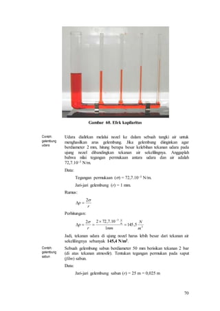 70
Gambar 60. Efek kapilaritas
Contoh:
gelembung
udara
Udara dialirkan melalui nozel ke dalam sebuah tangki air untuk
menghasilkan arus gelembung. Jika gelembung diinginkan agar
berdiameter 2 mm, hitung berapa besar kelebihan tekanan udara pada
ujung nozel dibandingkan tekanan air sekelilingnya. Anggaplah
bahwa nilai tegangan permukaan antara udara dan air adalah
72,7.103 N/m.
Data:
Tegangan permukaan () = 72,7.103 N/m.
Jari-jari gelembung (r) = 1 mm.
Rumus:
Perhitungan:
Jadi, tekanan udara di ujung nozel harus lebih besar dari tekanan air
sekelilingnya sebanyak 145,4 N/m2.
Contoh:
gelembung
sabun
Sebuah gelembung sabun berdiameter 50 mm berisikan tekanan 2 bar
(di atas tekanan atmosfir). Tentukan tegangan permukan pada saput
(film) sabun.
Data:
Jari-jari gelembung sabun (r) = 25 m = 0,025 m
r
p
2

2
3
5,145
1
10.7,7222
m
N
mmr
p m
N





 