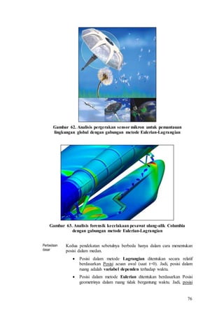 76
Gambar 62. Analisis pergerakan sensor mikron untuk pemantauan
lingkungan global dengan gabungan metode Eulerian-Lagrangian
Gambar 63. Analisis forensik kecelakaan pesawat ulang-alik Columbia
dengan gabungan metode Eulerian-Lagrangian
Perbedaan
dasar
Kedua pendekatan sebetulnya berbeda hanya dalam cara menentukan
posisi dalam medan.
 Posisi dalam metode Lagrangian ditentukan secara relatif
berdasarkan Posisi acuan awal (saat t=0). Jadi, posisi dalam
ruang adalah variabel dependen terhadap waktu.
 Posisi dalam metode Eulerian ditentukan berdasarkan Posisi
geometrinya dalam ruang tidak bergantung waktu. Jadi, posisi
 