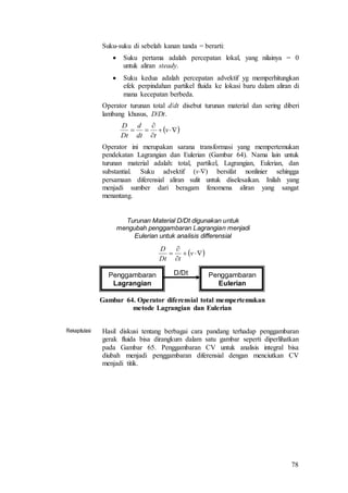 78
Suku-suku di sebelah kanan tanda = berarti:
 Suku pertama adalah percepatan lokal, yang nilainya = 0
untuk aliran steady.
 Suku kedua adalah percepatan advektif yg memperhitungkan
efek perpindahan partikel fluida ke lokasi baru dalam aliran di
mana kecepatan berbeda.
Operator turunan total d/dt disebut turunan material dan sering diberi
lambang khusus, D/Dt.
 


 v
tdt
d
Dt
D
Operator ini merupakan sarana transformasi yang mempertemukan
pendekatan Lagrangian dan Eulerian (Gambar 64). Nama lain untuk
turunan material adalah: total, partikel, Lagrangian, Eulerian, dan
substantial. Suku advektif (v) bersifat nonlinier sehingga
persamaan diferensial aliran sulit untuk diselesaikan. Inilah yang
menjadi sumber dari beragam fenomena aliran yang sangat
menantang.
Penggambaran
Lagrangian
Penggambaran
Eulerian
D/Dt
Turunan Material D/Dt digunakan untuk
mengubah penggambaran Lagrangian menjadi
Eulerian untuk analisis differensial
 


 v
tDt
D
Gambar 64. Operator diferensial total mempertemukan
metode Lagrangian dan Eulerian
Rekapitulasi Hasil diskusi tentang berbagai cara pandang terhadap penggambaran
gerak fluida bisa dirangkum dalam satu gambar seperti diperlihatkan
pada Gambar 65. Penggambaran CV untuk analisis integral bisa
diubah menjadi penggambaran diferensial dengan menciutkan CV
menjadi titik.
 