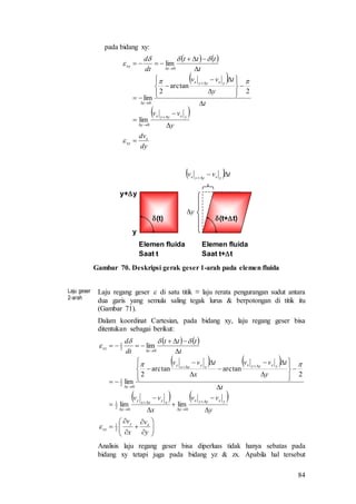 84
pada bidang xy:
   
 
 
dy
dv
y
vv
t
y
tvv
t
ttt
dt
d
x
xy
yxyyx
y
yxyyx
t
t
xy






























0
0
0
lim
2
arctan
2
lim
lim
Elemen fluida
Saat t
Elemen fluida
Saat t+t
y
y+y
  tvv yxyyx 
y
(t) (t+t)
Gambar 70. Deskripsi gerak geser 1-arah pada elemen fluida
Laju geser
2-arah
Laju regang geser  di satu titik ≡ laju rerata pengurangan sudut antara
dua garis yang semula saling tegak lurus & berpotongan di titik itu
(Gambar 71).
Dalam koordinat Cartesian, pada bidang xy, laju regang geser bisa
ditentukan sebagai berikut:
   
   
   













































y
v
x
v
y
vv
x
vv
t
y
tvv
x
tvv
t
ttt
dt
d
xy
xy
yxyyx
y
xyxxy
x
yxyyxxyxxy
t
t
xy
2
1
00
2
1
0
2
1
0
2
1
limlim
2
arctanarctan
2
lim
lim




Analisis laju regang geser bisa diperluas tidak hanya sebatas pada
bidang xy tetapi juga pada bidang yz & zx. Apabila hal tersebut
 