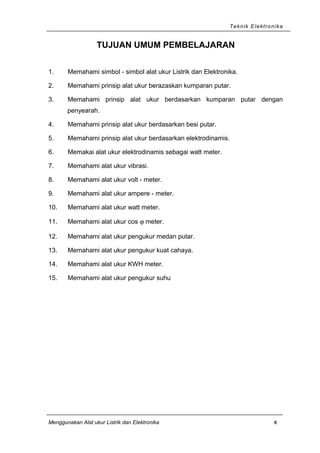 Teknik Elektronika
TUJUAN UMUM PEMBELAJARAN
1. Memahami simbol - simbol alat ukur Listrik dan Elektronika.
2. Memahami prinsip alat ukur berazaskan kumparan putar.
3. Memahami prinsip alat ukur berdasarkan kumparan putar dengan
penyearah.
4. Memahami prinsip alat ukur berdasarkan besi putar.
5. Memahami prinsip alat ukur berdasarkan elektrodinamis.
6. Memakai alat ukur elektrodinamis sebagai watt meter.
7. Memahami alat ukur vibrasi.
8. Memahami alat ukur volt - meter.
9. Memahami alat ukur ampere - meter.
10. Memahami alat ukur watt meter.
11. Memahami alat ukur cos ϕ meter.
12. Memahami alat ukur pengukur medan putar.
13. Memahami alat ukur pengukur kuat cahaya.
14. Memahami alat ukur KWH meter.
15. Memahami alat ukur pengukur suhu
Menggunakan Alat ukur Listrik dan Elektronika x
 