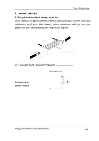 Teknik Elektronika
6. Lembar Latihan 4
6.1 Pengukuran arus besar dengan shunt luar
Untuk keperluan ini diperlukan tahanan-tahanan pengubah (yaitu tahanan kontak dari
penghubung arus) yang tidak dipasang dalam pengukuran, sehingga hubungan
pengukuran dan hubungan rangkaian yang berarus terpisah.
I
I
> >
Us = tegangan Shunt - tegangan Pengukuran ...............................
Penggambaran
secara simbolis
Menggunakan Alat ukur Listrik dan Elektronika
10
 