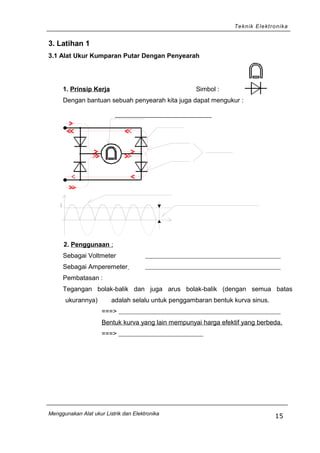 Teknik Elektronika
3. Latihan 1
3.1 Alat Ukur Kumparan Putar Dengan Penyearah
1. Prinsip Kerja Simbol :
Dengan bantuan sebuah penyearah kita juga dapat mengukur :
i
2. Penggunaan :
Sebagai Voltmeter
Sebagai Amperemeter
Pembatasan :
Tegangan bolak-balik dan juga arus bolak-balik (dengan semua batas
ukurannya) adalah selalu untuk penggambaran bentuk kurva sinus.
===>
Bentuk kurva yang lain mempunyai harga efektif yang berbeda.
===>
Menggunakan Alat ukur Listrik dan Elektronika
15
 