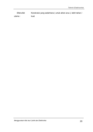 Teknik Elektronika
Sifat-sifat
utama :
Konstruksi yang sederhana ( untuk aliran arus ), lebih tahan /
kuat
Menggunakan Alat ukur Listrik dan Elektronika
20
 