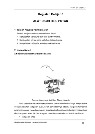 Teknik Elektronika
Kegiatan Belajar 5
ALAT UKUR BESI PUTAR
1. Tujuan Khusus Pembelajaran
Setelah pelajaran selesai peserta harus dapat:
1. Menjelaskan konstruksi alat ukur elektrodinamis.
2. Menjelaskan prinsip kerja alat ukur elektrodinamis.
3. Menyebutkan sifat-sifat alat ukur elektrodinamis.
2. Uraian Materi
2.1 Konstruksi Alat Ukur Elektrodinamis
Gambar Konstruksi Alat Ukur Elektrodinamis
Pada dasarnya alat ukur elektrodinamis, dilihat dari konstruksinya hampir sama
dengan alat ukur kumparan putar. Letak perbedaannya adalah, jika pada kumparan
putar mempunyai magnit permanen, tetapi pada elektrodinamis bagian ini digantikan
oleh kumparan tetap. Jadi secara garis besar instrumen elektrodinamis terdiri dari:
• kumparan tetap
Menggunakan Alat ukur Listrik dan Elektronika
27
 