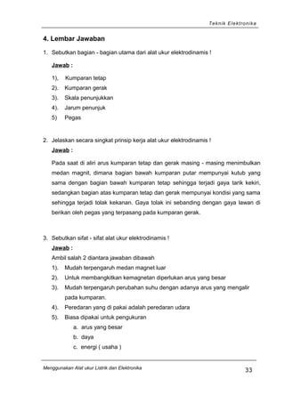 Teknik Elektronika
4. Lembar Jawaban
1. Sebutkan bagian - bagian utama dari alat ukur elektrodinamis !
Jawab :
1), Kumparan tetap
2). Kumparan gerak
3). Skala penunjukkan
4). Jarum penunjuk
5) Pegas
2. Jelaskan secara singkat prinsip kerja alat ukur elektrodinamis !
Jawab :
Pada saat di aliri arus kumparan tetap dan gerak masing - masing menimbulkan
medan magnit, dimana bagian bawah kumparan putar mempunyai kutub yang
sama dengan bagian bawah kumparan tetap sehingga terjadi gaya tarik kekiri,
sedangkan bagian atas kumparan tetap dan gerak mempunyai kondisi yang sama
sehingga terjadi tolak kekanan. Gaya tolak ini sebanding dengan gaya lawan di
berikan oleh pegas yang terpasang pada kumparan gerak.
3. Sebutkan sifat - sifat alat ukur elektrodinamis !
Jawab :
Ambil salah 2 diantara jawaban dibawah
1). Mudah terpengaruh medan magnet luar
2). Untuk membangkitkan kemagnetan diperlukan arus yang besar
3). Mudah terpengaruh perubahan suhu dengan adanya arus yang mengalir
pada kumparan.
4). Peredaran yang di pakai adalah peredaran udara
5). Biasa dipakai untuk pengukuran
a. arus yang besar
b. daya
c. energi ( usaha )
Menggunakan Alat ukur Listrik dan Elektronika
33
 