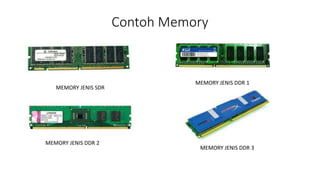 Contoh Memory
MEMORY JENIS SDR
MEMORY JENIS DDR 1
MEMORY JENIS DDR 2
MEMORY JENIS DDR 3
 