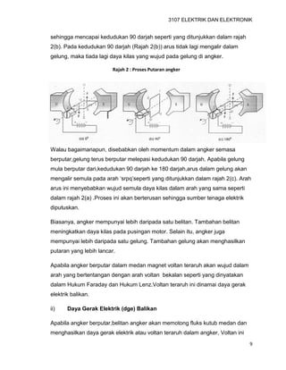 3107 ELEKTRIK DAN ELEKTRONIK
9
sehingga mencapai kedudukan 90 darjah seperti yang ditunjukkan dalam rajah
2(b). Pada kedudukan 90 darjah (Rajah 2(b)) arus tidak lagi mengalir dalam
gelung, maka tiada lagi daya kilas yang wujud pada gelung di angker.
Walau bagaimanapun, disebabkan oleh momentum dalam angker semasa
berputar,gelung terus berputar melepasi kedudukan 90 darjah. Apabila gelung
mula berputar dari,kedudukan 90 darjah ke 180 darjah,arus dalam gelung akan
mengalir semula pada arah ‘srpq’seperti yang ditunjukkan dalam rajah 2(c). Arah
arus ini menyebabkan wujud semula daya kilas dalam arah yang sama seperti
dalam rajah 2(a) .Proses ini akan berterusan sehingga sumber tenaga elektrik
diputuskan.
Biasanya, angker mempunyai lebih daripada satu belitan. Tambahan belitan
meningkatkan daya kilas pada pusingan motor. Selain itu, angker juga
mempunyai lebih daripada satu gelung. Tambahan gelung akan menghasilkan
putaran yang lebih lancar.
Apabila angker berputar dalam medan magnet voltan teraruh akan wujud dalam
arah yang bertentangan dengan arah voltan bekalan seperti yang dinyatakan
dalam Hukum Faraday dan Hukum Lenz.Voltan teraruh ini dinamai daya gerak
elektrik balikan.
ii) Daya Gerak Elektrik (dge) Balikan
Apabila angker berputar,belitan angker akan memotong fluks kutub medan dan
menghasilkan daya gerak elektrik atau voltan teraruh dalam angker, Voltan ini
Rajah 2 : Proses Putaran angker
 