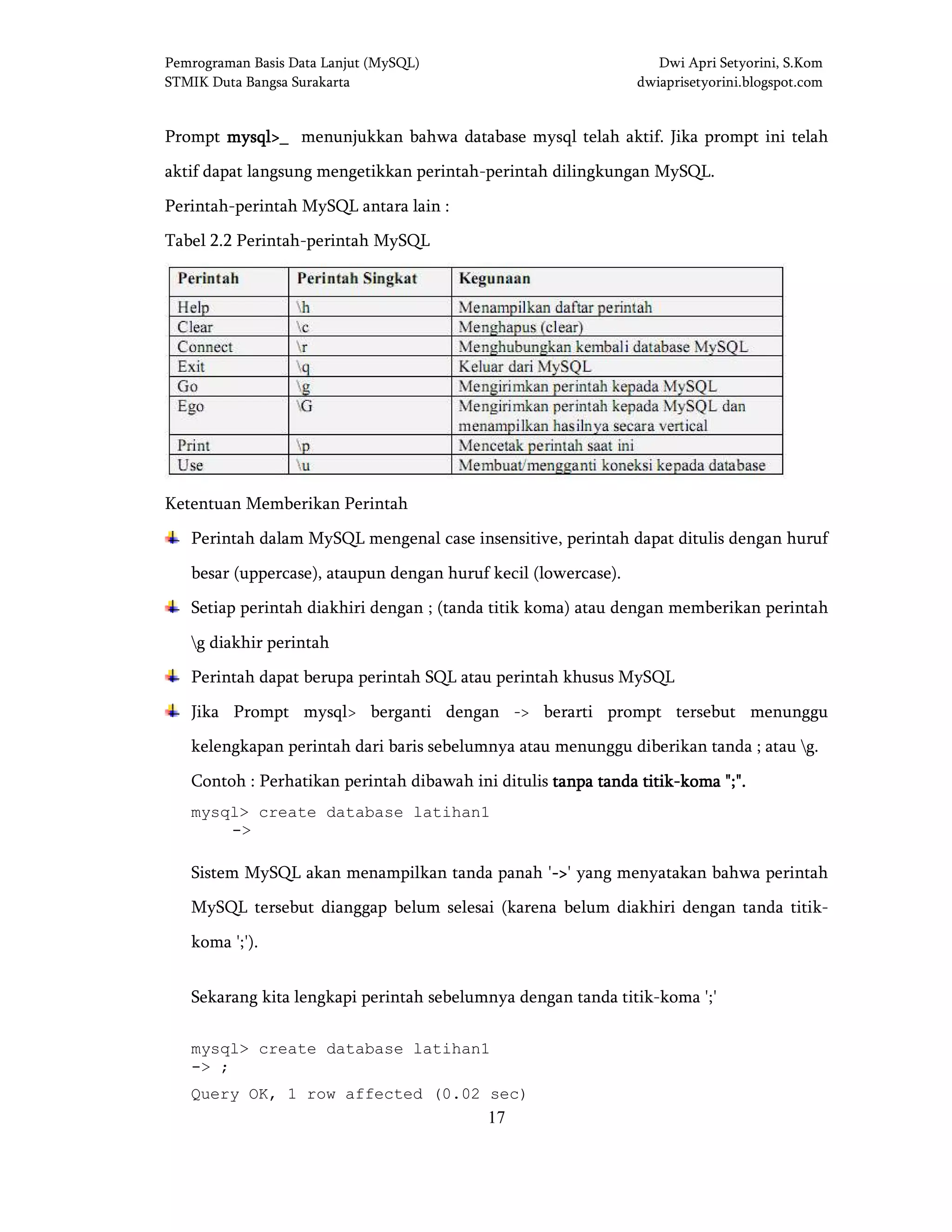 Pemrograman Basis Data Lanjut (MySQL) Dwi Apri Setyorini, S.Kom
STMIK Duta Bangsa Surakarta dwiaprisetyorini.blogspot.com
17
Prompt mysql>_mysql>_mysql>_mysql>_ menunjukkan bahwa database mysql telah aktif. Jika prompt ini telah
aktif dapat langsung mengetikkan perintah-perintah dilingkungan MySQL.
Perintah-perintah MySQL antara lain :
Tabel 2.2 Perintah-perintah MySQL
Ketentuan Memberikan Perintah
Perintah dalam MySQL mengenal case insensitive, perintah dapat ditulis dengan huruf
besar (uppercase), ataupun dengan huruf kecil (lowercase).
Setiap perintah diakhiri dengan ; (tanda titik koma) atau dengan memberikan perintah
g diakhir perintah
Perintah dapat berupa perintah SQL atau perintah khusus MySQL
Jika Prompt mysql> berganti dengan -> berarti prompt tersebut menunggu
kelengkapan perintah dari baris sebelumnya atau menunggu diberikan tanda ; atau g.
Contoh : Perhatikan perintah dibawah ini ditulis tanpa tanda titiktanpa tanda titiktanpa tanda titiktanpa tanda titik----koma ";".koma ";".koma ";".koma ";".
mysql> create database latihan1
->
Sistem MySQL akan menampilkan tanda panah '---->>>>' yang menyatakan bahwa perintah
MySQL tersebut dianggap belum selesai (karena belum diakhiri dengan tanda titik-
koma ';').
Sekarang kita lengkapi perintah sebelumnya dengan tanda titik-koma ';'
mysql> create database latihan1
-> ;
Query OK, 1 row affected (0.02 sec)
 