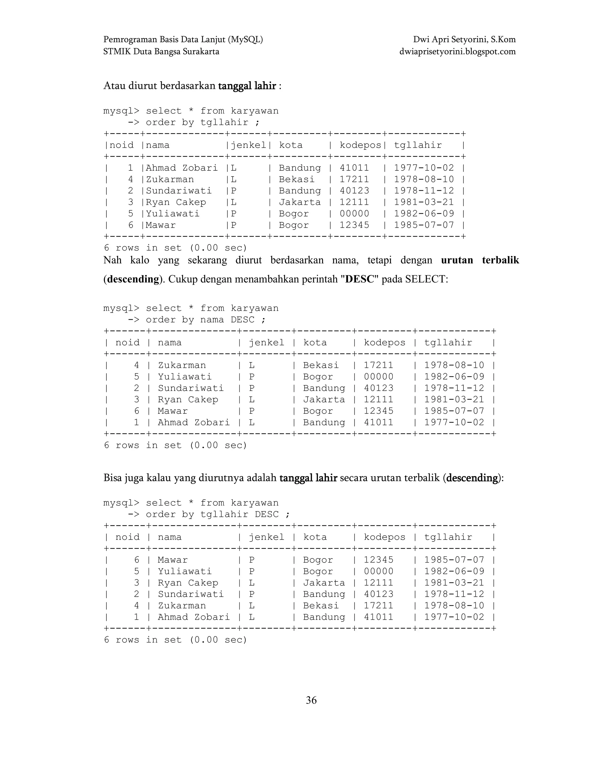 Pemrograman Basis Data Lanjut (MySQL) Dwi Apri Setyorini, S.Kom
STMIK Duta Bangsa Surakarta dwiaprisetyorini.blogspot.com
36
Atau diurut berdasarkan tanggal lahirtanggal lahirtanggal lahirtanggal lahir :
mysql> select * from karyawan
-> order by tgllahir ;
+-----+-------------+------+---------+--------+------------+
|noid |nama |jenkel| kota | kodepos| tgllahir |
+-----+-------------+------+---------+--------+------------+
| 1 |Ahmad Zobari |L | Bandung | 41011 | 1977-10-02 |
| 4 |Zukarman |L | Bekasi | 17211 | 1978-08-10 |
| 2 |Sundariwati |P | Bandung | 40123 | 1978-11-12 |
| 3 |Ryan Cakep |L | Jakarta | 12111 | 1981-03-21 |
| 5 |Yuliawati |P | Bogor | 00000 | 1982-06-09 |
| 6 |Mawar |P | Bogor | 12345 | 1985-07-07 |
+-----+-------------+------+---------+--------+------------+
6 rows in set (0.00 sec)
Nah kalo yang sekarang diurut berdasarkan nama, tetapi dengan urutan terbalik
(descending). Cukup dengan menambahkan perintah "DESC" pada SELECT:
mysql> select * from karyawan
-> order by nama DESC ;
+------+--------------+--------+---------+---------+------------+
| noid | nama | jenkel | kota | kodepos | tgllahir |
+------+--------------+--------+---------+---------+------------+
| 4 | Zukarman | L | Bekasi | 17211 | 1978-08-10 |
| 5 | Yuliawati | P | Bogor | 00000 | 1982-06-09 |
| 2 | Sundariwati | P | Bandung | 40123 | 1978-11-12 |
| 3 | Ryan Cakep | L | Jakarta | 12111 | 1981-03-21 |
| 6 | Mawar | P | Bogor | 12345 | 1985-07-07 |
| 1 | Ahmad Zobari | L | Bandung | 41011 | 1977-10-02 |
+------+--------------+--------+---------+---------+------------+
6 rows in set (0.00 sec)
Bisa juga kalau yang diurutnya adalah tanggal lahirtanggal lahirtanggal lahirtanggal lahir secara urutan terbalik (descendingdescendingdescendingdescending):
mysql> select * from karyawan
-> order by tgllahir DESC ;
+------+--------------+--------+---------+---------+------------+
| noid | nama | jenkel | kota | kodepos | tgllahir |
+------+--------------+--------+---------+---------+------------+
| 6 | Mawar | P | Bogor | 12345 | 1985-07-07 |
| 5 | Yuliawati | P | Bogor | 00000 | 1982-06-09 |
| 3 | Ryan Cakep | L | Jakarta | 12111 | 1981-03-21 |
| 2 | Sundariwati | P | Bandung | 40123 | 1978-11-12 |
| 4 | Zukarman | L | Bekasi | 17211 | 1978-08-10 |
| 1 | Ahmad Zobari | L | Bandung | 41011 | 1977-10-02 |
+------+--------------+--------+---------+---------+------------+
6 rows in set (0.00 sec)
 