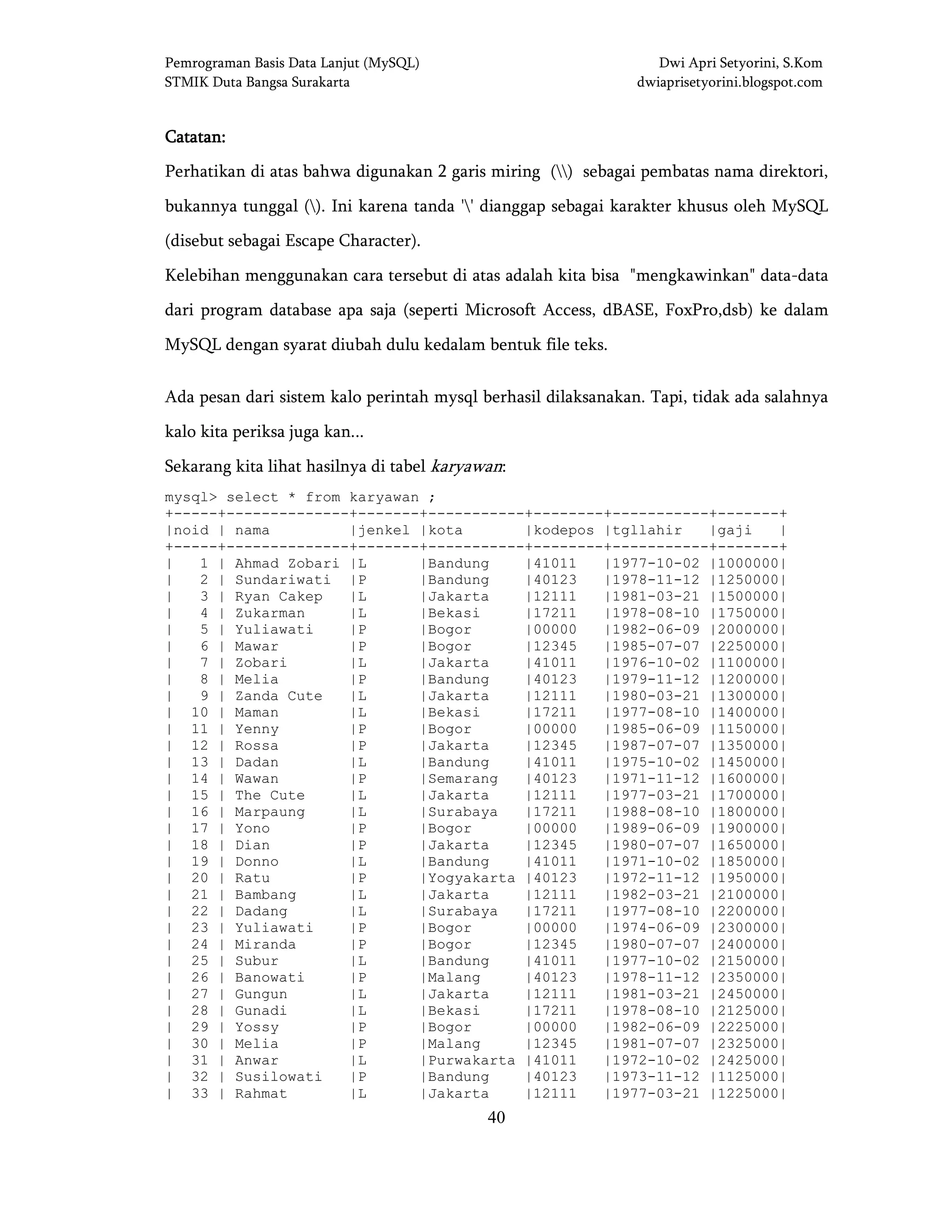 Pemrograman Basis Data Lanjut (MySQL) Dwi Apri Setyorini, S.Kom
STMIK Duta Bangsa Surakarta dwiaprisetyorini.blogspot.com
40
CataCataCataCatatan:tan:tan:tan:
Perhatikan di atas bahwa digunakan 2 garis miring () sebagai pembatas nama direktori,
bukannya tunggal (). Ini karena tanda '' dianggap sebagai karakter khusus oleh MySQL
(disebut sebagai Escape Character).
Kelebihan menggunakan cara tersebut di atas adalah kita bisa "mengkawinkan" data-data
dari program database apa saja (seperti Microsoft Access, dBASE, FoxPro,dsb) ke dalam
MySQL dengan syarat diubah dulu kedalam bentuk file teks.
Ada pesan dari sistem kalo perintah mysql berhasil dilaksanakan. Tapi, tidak ada salahnya
kalo kita periksa juga kan...
Sekarang kita lihat hasilnya di tabel karyawan:
mysql> select * from karyawan ;
+-----+--------------+-------+-----------+--------+-----------+-------+
|noid | nama |jenkel |kota |kodepos |tgllahir |gaji |
+-----+--------------+-------+-----------+--------+-----------+-------+
| 1 | Ahmad Zobari |L |Bandung |41011 |1977-10-02 |1000000|
| 2 | Sundariwati |P |Bandung |40123 |1978-11-12 |1250000|
| 3 | Ryan Cakep |L |Jakarta |12111 |1981-03-21 |1500000|
| 4 | Zukarman |L |Bekasi |17211 |1978-08-10 |1750000|
| 5 | Yuliawati |P |Bogor |00000 |1982-06-09 |2000000|
| 6 | Mawar |P |Bogor |12345 |1985-07-07 |2250000|
| 7 | Zobari |L |Jakarta |41011 |1976-10-02 |1100000|
| 8 | Melia |P |Bandung |40123 |1979-11-12 |1200000|
| 9 | Zanda Cute |L |Jakarta |12111 |1980-03-21 |1300000|
| 10 | Maman |L |Bekasi |17211 |1977-08-10 |1400000|
| 11 | Yenny |P |Bogor |00000 |1985-06-09 |1150000|
| 12 | Rossa |P |Jakarta |12345 |1987-07-07 |1350000|
| 13 | Dadan |L |Bandung |41011 |1975-10-02 |1450000|
| 14 | Wawan |P |Semarang |40123 |1971-11-12 |1600000|
| 15 | The Cute |L |Jakarta |12111 |1977-03-21 |1700000|
| 16 | Marpaung |L |Surabaya |17211 |1988-08-10 |1800000|
| 17 | Yono |P |Bogor |00000 |1989-06-09 |1900000|
| 18 | Dian |P |Jakarta |12345 |1980-07-07 |1650000|
| 19 | Donno |L |Bandung |41011 |1971-10-02 |1850000|
| 20 | Ratu |P |Yogyakarta |40123 |1972-11-12 |1950000|
| 21 | Bambang |L |Jakarta |12111 |1982-03-21 |2100000|
| 22 | Dadang |L |Surabaya |17211 |1977-08-10 |2200000|
| 23 | Yuliawati |P |Bogor |00000 |1974-06-09 |2300000|
| 24 | Miranda |P |Bogor |12345 |1980-07-07 |2400000|
| 25 | Subur |L |Bandung |41011 |1977-10-02 |2150000|
| 26 | Banowati |P |Malang |40123 |1978-11-12 |2350000|
| 27 | Gungun |L |Jakarta |12111 |1981-03-21 |2450000|
| 28 | Gunadi |L |Bekasi |17211 |1978-08-10 |2125000|
| 29 | Yossy |P |Bogor |00000 |1982-06-09 |2225000|
| 30 | Melia |P |Malang |12345 |1981-07-07 |2325000|
| 31 | Anwar |L |Purwakarta |41011 |1972-10-02 |2425000|
| 32 | Susilowati |P |Bandung |40123 |1973-11-12 |1125000|
| 33 | Rahmat |L |Jakarta |12111 |1977-03-21 |1225000|
 