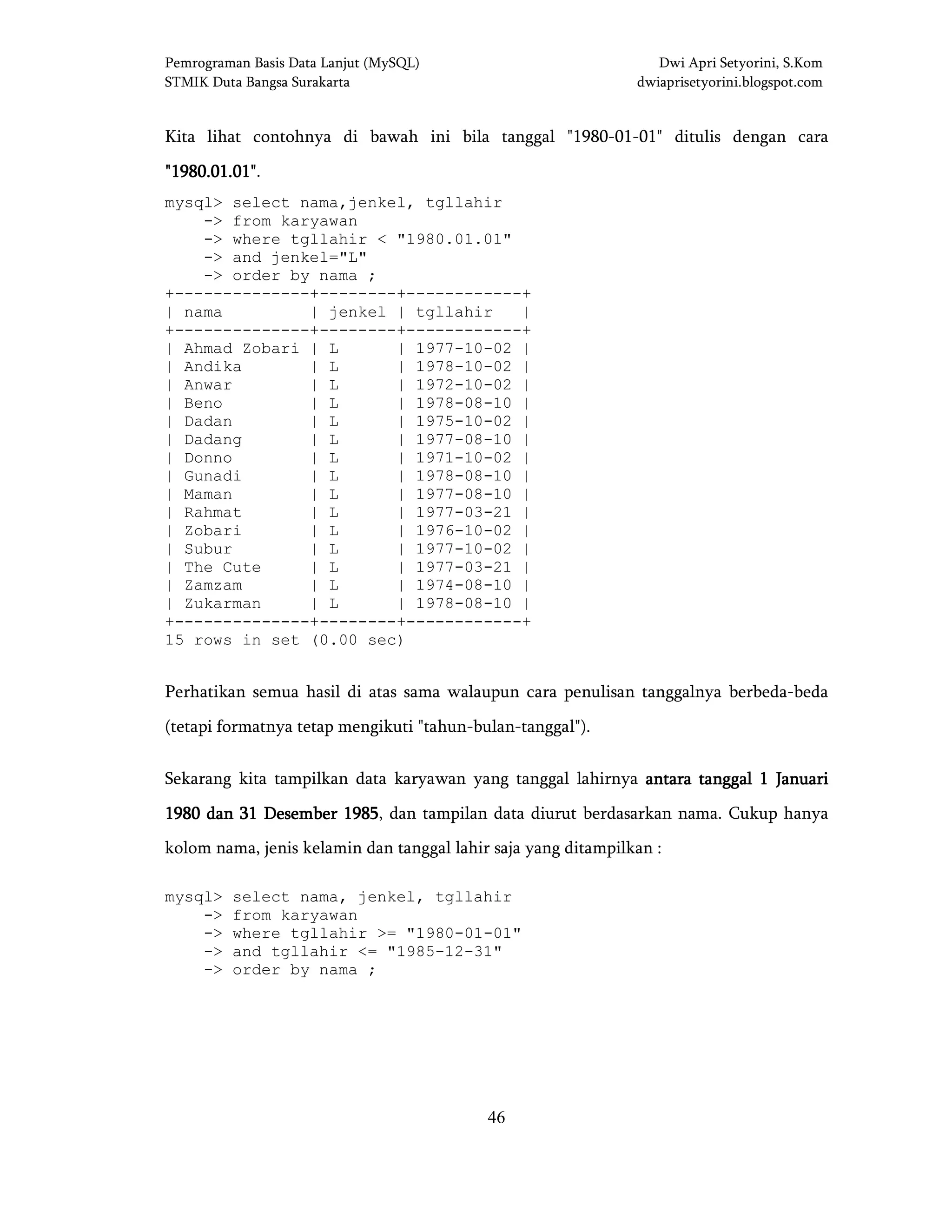 Pemrograman Basis Data Lanjut (MySQL) Dwi Apri Setyorini, S.Kom
STMIK Duta Bangsa Surakarta dwiaprisetyorini.blogspot.com
46
Kita lihat contohnya di bawah ini bila tanggal "1980-01-01" ditulis dengan cara
"1980.01.01""1980.01.01""1980.01.01""1980.01.01".
mysql> select nama,jenkel, tgllahir
-> from karyawan
-> where tgllahir < "1980.01.01"
-> and jenkel="L"
-> order by nama ;
+--------------+--------+------------+
| nama | jenkel | tgllahir |
+--------------+--------+------------+
| Ahmad Zobari | L | 1977-10-02 |
| Andika | L | 1978-10-02 |
| Anwar | L | 1972-10-02 |
| Beno | L | 1978-08-10 |
| Dadan | L | 1975-10-02 |
| Dadang | L | 1977-08-10 |
| Donno | L | 1971-10-02 |
| Gunadi | L | 1978-08-10 |
| Maman | L | 1977-08-10 |
| Rahmat | L | 1977-03-21 |
| Zobari | L | 1976-10-02 |
| Subur | L | 1977-10-02 |
| The Cute | L | 1977-03-21 |
| Zamzam | L | 1974-08-10 |
| Zukarman | L | 1978-08-10 |
+--------------+--------+------------+
15 rows in set (0.00 sec)
Perhatikan semua hasil di atas sama walaupun cara penulisan tanggalnya berbeda-beda
(tetapi formatnya tetap mengikuti "tahun-bulan-tanggal").
Sekarang kita tampilkan data karyawan yang tanggal lahirnya antara tanggal 1 Januariantara tanggal 1 Januariantara tanggal 1 Januariantara tanggal 1 Januari
1980 dan 31 Desember 19851980 dan 31 Desember 19851980 dan 31 Desember 19851980 dan 31 Desember 1985, dan tampilan data diurut berdasarkan nama. Cukup hanya
kolom nama, jenis kelamin dan tanggal lahir saja yang ditampilkan :
mysql> select nama, jenkel, tgllahir
-> from karyawan
-> where tgllahir >= "1980-01-01"
-> and tgllahir <= "1985-12-31"
-> order by nama ;
 