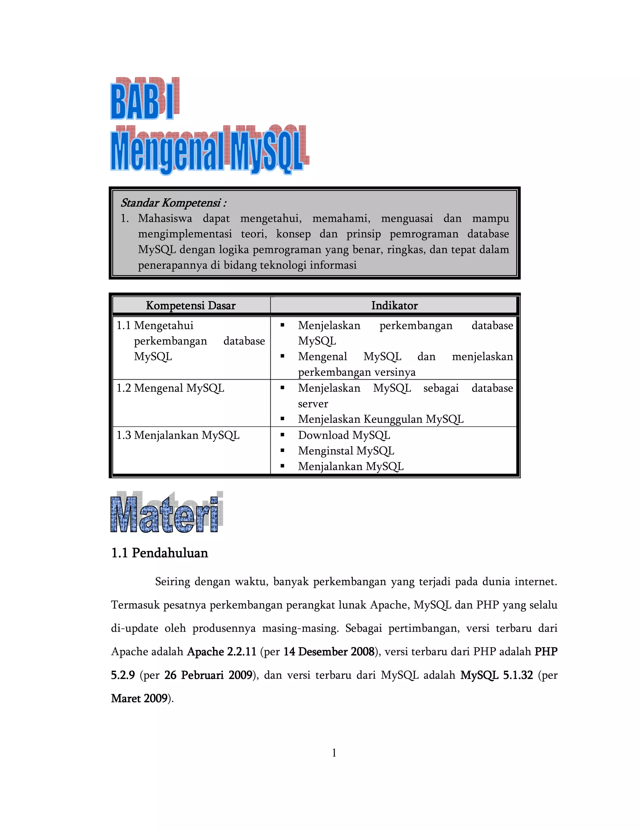 1
BAB I MENGENAL MySQLBAB I MENGENAL MySQLBAB I MENGENAL MySQLBAB I MENGENAL MySQL
Kompetensi DasarKompetensi DasarKompetensi DasarKompetensi Dasar IndikatorIndikatorIndikatorIndikator
1.1 Mengetahui
perkembangan database
MySQL
Menjelaskan perkembangan database
MySQL
Mengenal MySQL dan menjelaskan
perkembangan versinya
1.2 Mengenal MySQL Menjelaskan MySQL sebagai database
server
Menjelaskan Keunggulan MySQL
1.3 Menjalankan MySQL Download MySQL
Menginstal MySQL
Menjalankan MySQL
MATERIMATERIMATERIMATERI
1.1 Pendahuluan1.1 Pendahuluan1.1 Pendahuluan1.1 Pendahuluan
Seiring dengan waktu, banyak perkembangan yang terjadi pada dunia internet.
Termasuk pesatnya perkembangan perangkat lunak Apache, MySQL dan PHP yang selalu
di-update oleh produsennya masing-masing. Sebagai pertimbangan, versi terbaru dari
Apache adalah Apache 2.2.11Apache 2.2.11Apache 2.2.11Apache 2.2.11 (per 14 Desember 200814 Desember 200814 Desember 200814 Desember 2008), versi terbaru dari PHP adalah PHPPHPPHPPHP
5.2.95.2.95.2.95.2.9 (per 26 Pebruari 200926 Pebruari 200926 Pebruari 200926 Pebruari 2009), dan versi terbaru dari MySQL adalah MySQL 5.1.32MySQL 5.1.32MySQL 5.1.32MySQL 5.1.32 (per
Maret 2009Maret 2009Maret 2009Maret 2009).
Standar Kompetensi :Standar Kompetensi :Standar Kompetensi :Standar Kompetensi :
1. Mahasiswa dapat mengetahui, memahami, menguasai dan mampu
mengimplementasi teori, konsep dan prinsip pemrograman database
MySQL dengan logika pemrograman yang benar, ringkas, dan tepat dalam
penerapannya di bidang teknologi informasi
 