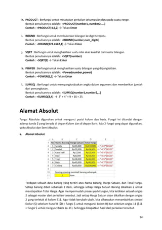 14
h. PRODUCT : Berfungsi untuk melakukan perkalian sekumpulan data pada suatu range.
Bentuk penulisannya adalah : =PRODUCT(number1, number2,….)
Contoh : =PRODUCT(4,5,2) → Tekan Enter
i. ROUND : Berfungsi untuk membulatkan bilangan ke digit tertentu.
Bentuk penulisannya adalah : =ROUND(number,num_digits)
Contoh : =ROUND(123.4567,1) → Tekan Enter
j. SQRT : Berfungsi untuk menghasilkan suatu nilai akar kuadrat dari suatu bilangan.
Bentuk penulisannya adalah : =SQRT(number)
Contoh : =SQRT(9) → Tekan Enter
k. POWER : Berfungsi untuk menghasilkan suatu bilangan yang dipangkatkan.
Bentuk penulisannya adalah : =Power(number,power)
Contoh : =POWER(6,2) → Tekan Enter
l. SUMSQ : Berfungsi untuk mempangkatduakan angka dalam argument dan memberikan jumlah
dari pemangkatan.
Bentuk penulisannya adalah : =SUMSQ(number1,number2,…)
Contoh : =SUMSQ(3,4) → 32
+ 42
= 9 + 16 = 25
Alamat Absolut
Fungsi Absolute digunakan untuk mengunci posisi kolom dan baris. Fungsi ini ditandai dengan
adanya tanda $ yang berada di depan Kolom dan di depan Baris. Ada 2 fungsi yang dapat digunakan,
yaitu Absolut dan Semi Absolut.
a. Alamat Absolut
Terdapat sebuah data Barang yang terdiri atas Nama Barang, Harga Satuan, dan Total Harga.
Setiap barang dibeli sebanyak 2 item, sehingga setiap Harga Satuan Barang dikalikan 2 untuk
mendapatkan Total Harga. Agar mempermudah proses perhitungan, kita ketikkan sebuah angka
2 sebagai master dari perkalian tersebut. Jadi setiap Harga Satuan akan dikalikan dengan angka
2 yang terletak di kolom B11. Agar tidak berubah-ubah, kita diharuskan menambahkan simbol
Dollar ($) sebelum huruf B ($B = fungsi $ untuk mengunci kolom B) dan sebelum angka 11 ($11
= fungsi $ untuk mengunci baris ke-11). Sehingga didapatkan hasil dari perkalian tersebut.
 
