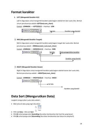 18
Format karakter
1. LEFT (Mengambil Karakter Kiri)
Left ini digunakan untuk mengambil karakter pada bagian sebelah kiri dari suatu teks. Bentuk
umum penulisannya adalah =LEFT(text,num_chars).
Contoh : LEMBAGA → =LEFT(E20,3) → Hasilnya : LEM
Sel teks Karakter yang diambil
2. MID (Mengambil Karakter Tengah)
Mid ini digunakan untuk mengambil karakter pada bagian tengah dari suatu teks. Bentuk
penulisannya adalah : =MID(text,start_num,num_chars)
Contoh : LEMBAGA → =MID(E20,2,3) → Hasilnya : EMB
Sel teks Mulai pengambilan karakter
Karakter yang diambil
3. RIGHT (Mengambil Karakter Kanan)
Right ini digunakan untuk mengambil karakter pada bagian sebelah kanan dari suatu teks.
Bentuk penulisannya adalah : =RIGHT(text,num_chars)
Contoh : LEMBAGA → =RIGHT(E20,4) → Hasilnya : BAGA
Data Sort (Mengurutkan Data)
Langkah mengurutkan suatu data adalah :
 Blok seluruh data yang ingin diurutkan
 Pilih tab Data – klik icon Sort
 Klik AZ untuk pengurutan Ascending (diurutkan berdasarkan dari kecil ke yang besar)
 Klik ZA untuk pengurutan Descending (diurutkan berdasarkan dari besar ke yang kecil)
 
