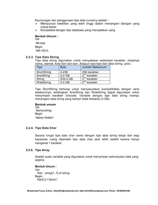 Keuntungan dari penggunaan tipe data currency adalah :
 Mempunyai ketelitian yang lebih tinggi dalam menangani blangan yang
cukup besar
 Kompatibel dengan tipe database yang menyatakan uang
Bentuk Umum :
Var
Nil:real;
Begin
Nill:=20,5;
2.2.3. Tipe Data String
Tipe data string digunakan untuk menyatakan sederetan karakter, misalnya
nama, alamat, kota dan lain-lain. Adapun tipe-tipe dari data string, yaitu :
Tipe
Byte
Jumlah Maksimum
ShortString
AnsiString
String
WideString

2-256
4-2 GB
255-3 GB
4-2 GB

256 karakter
231 karakter
231 karakter
230 karakter

Tipe ShortString berfungi untuk menyesuaikan kompatibilitas dengan versi
sebelumnya, sedangkan AnsiString dan WideString dapat digunakan untuk
menyimpan karakter Unicode. Variable dengan tipe data string mampu
menangani data string yang hampir tidak terbatas (3 GB).
Bentuk umum
Var
Nama:string;
Begin
Nama:=‘Antoni‘;

2.2.4. Tipe Data Char
Secara fungsi tipe data char sama dengan tipe data string tetapi dari segi
kapasitas ruang diperoleh tipe data char jauh lebih sedikit karena hanya
mengenal 1 karakter.
2.2.5. Tipe Array
Adalah suatu variable yang digunakan untuk menyimpan sekumpulan data yang
sejenis.
Bentuk Umum :
Var
Hari : array[1..7] of string
Begin
Hari[1]:=‘Senin‘;

Muhammad Yunus, S.Kom., islam291@rocketmail.com, http://mhm658.wordpress.com, Phone : 081805291446

 