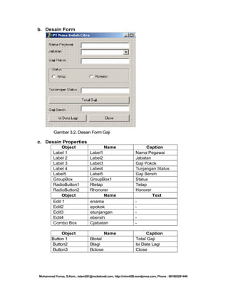 b. Desain Form

Gambar 3.2. Desain Form Gaji

c. Desain Properties
Object
Label 1
Label 2
Label 3
Label 4
Label5
GroupBox
RadioButton1
RadioButton2
Object
Edit 1
Edit2
Edit3
Edit4
Combo Box
Object
Button 1
Button2
Button3

Name
Label1
Label2
Label3
Label4
Label5
GroupBox1
Rtetap
Rhonorer
Name
enama
epokok
etunjangan
ebersih
Cjabatan
Name
Btotal
Blagi
Bclose

Caption
Nama Pegawai
Jabatan
Gaji Pokok
Tunjangan Status
Gaji Bersih
Status
Tetap
Honorer
Text
Caption
Total Gaji
Isi Data Lagi
Close

Muhammad Yunus, S.Kom., islam291@rocketmail.com, http://mhm658.wordpress.com, Phone : 081805291446

 